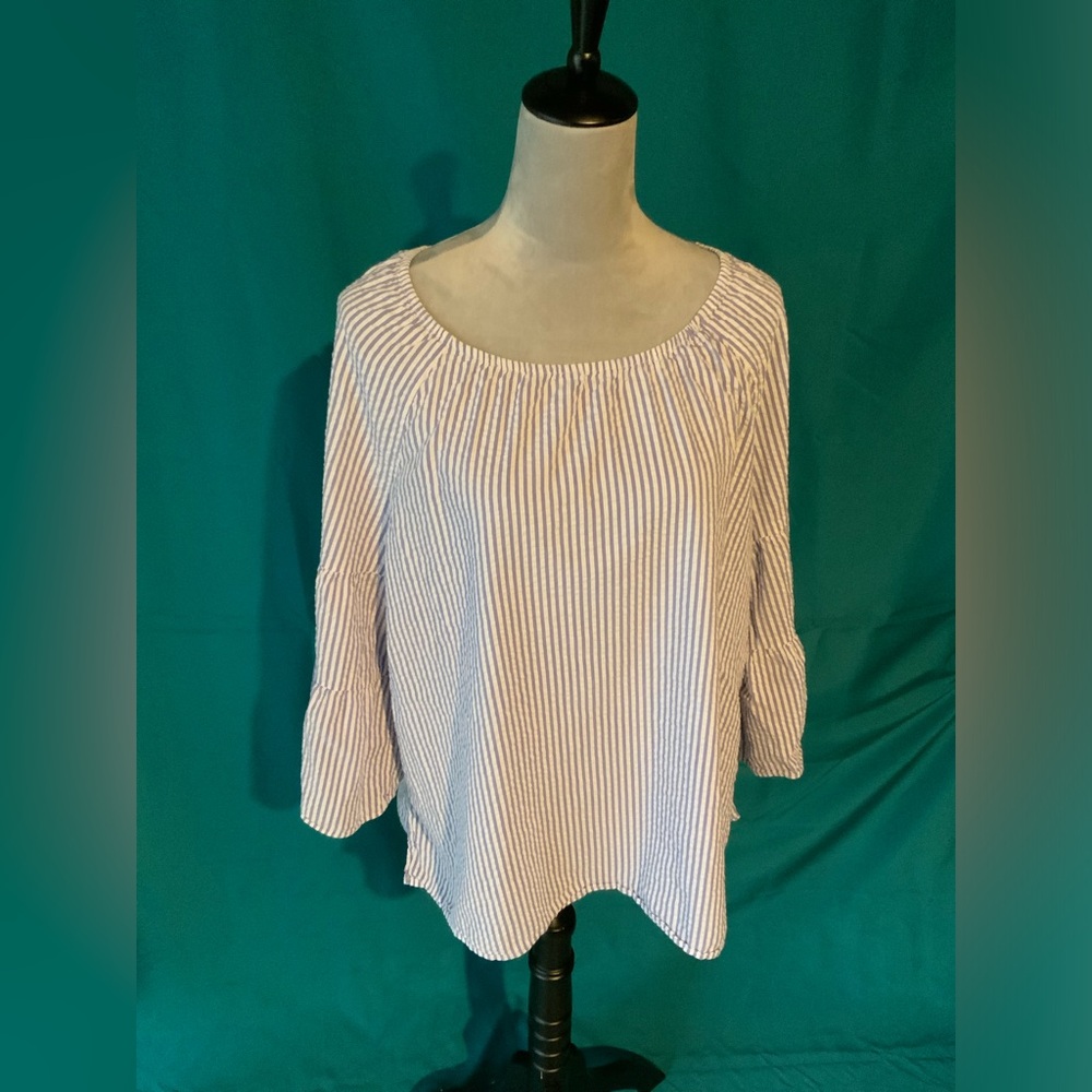 Liz Claiborne, WOMENS’ 2XL TOP, WIDE SLEEVE, MAUVE/WHITE STRIPE PATTERN, EUC